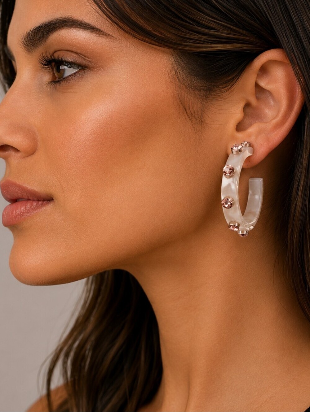 CATO Light Pink Rhinestone Acetate Hoop Earrings